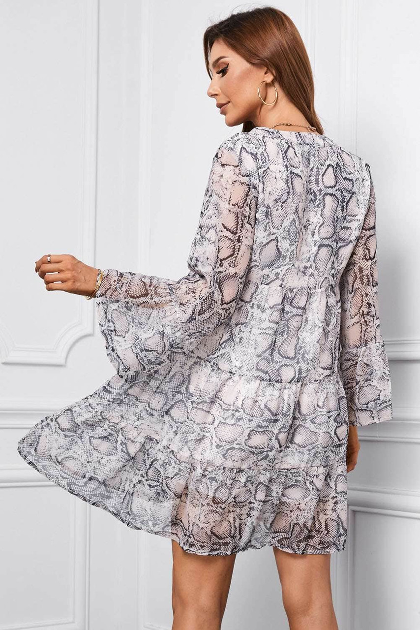 Snake Print V neck Ruffle Swing Mini Dress Snake Print V neck Ruffle Swing Mini Dress