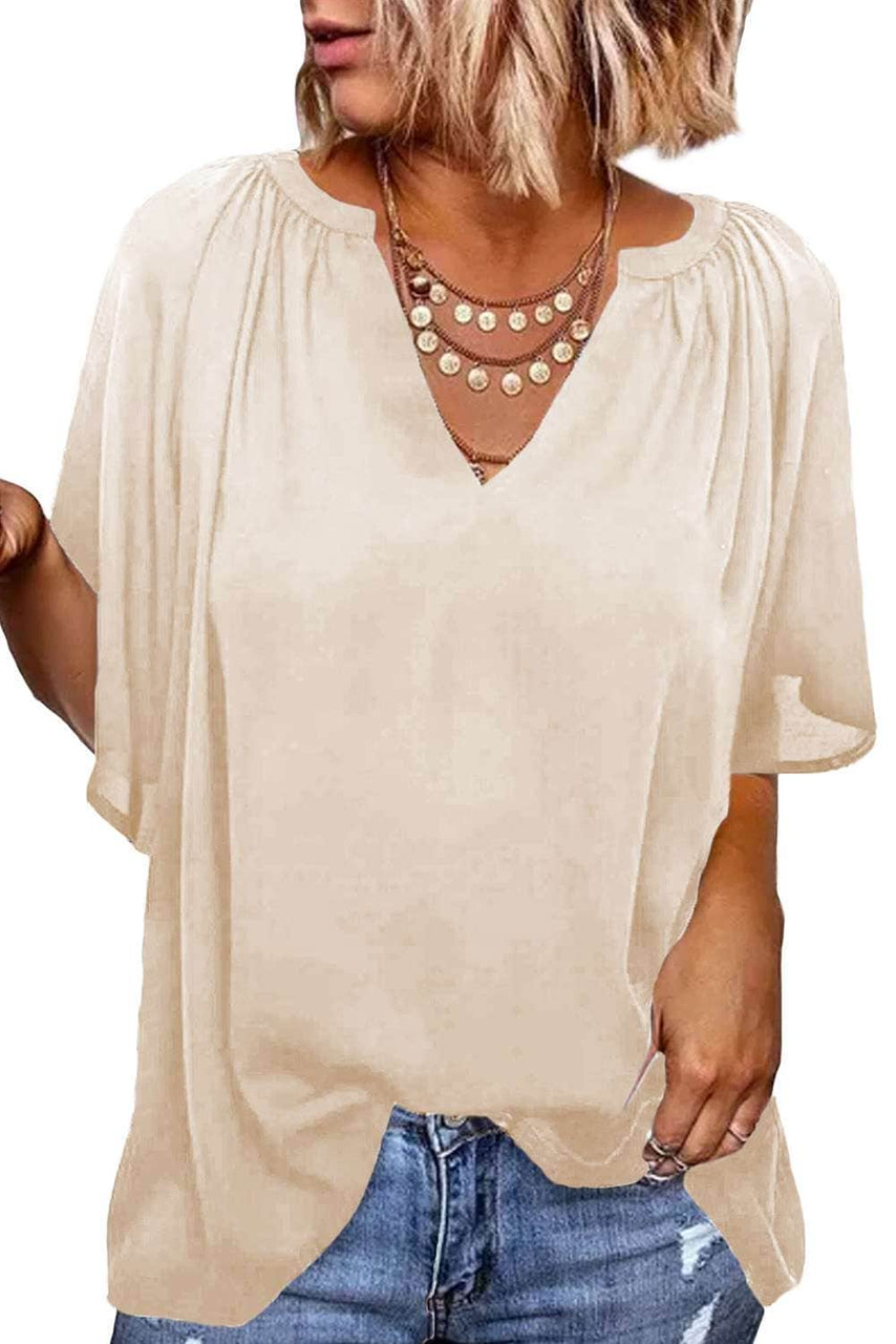 Split Neck Pleated Loose Top