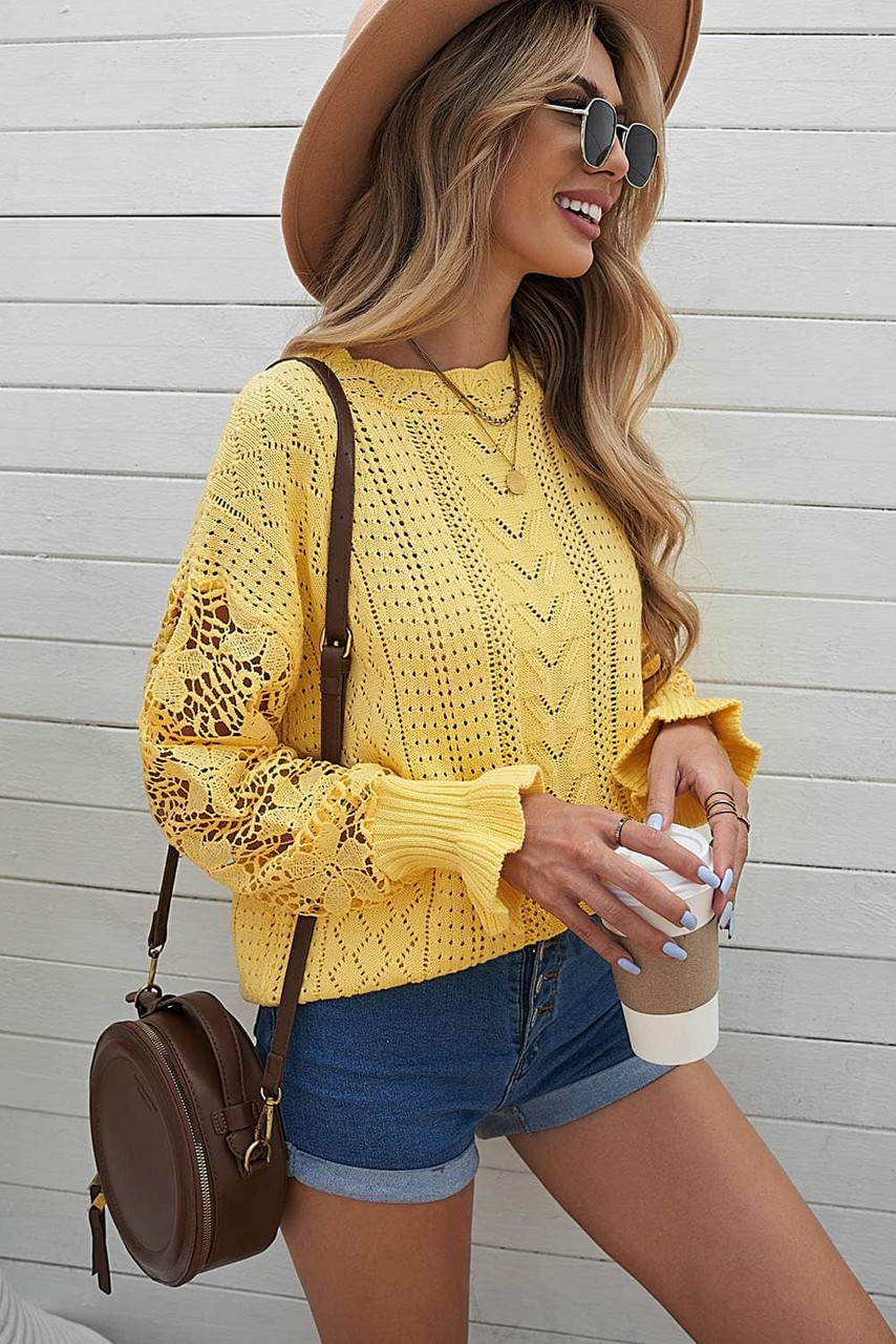 Yellow Crochet Lace Pointelle Knit Sweater