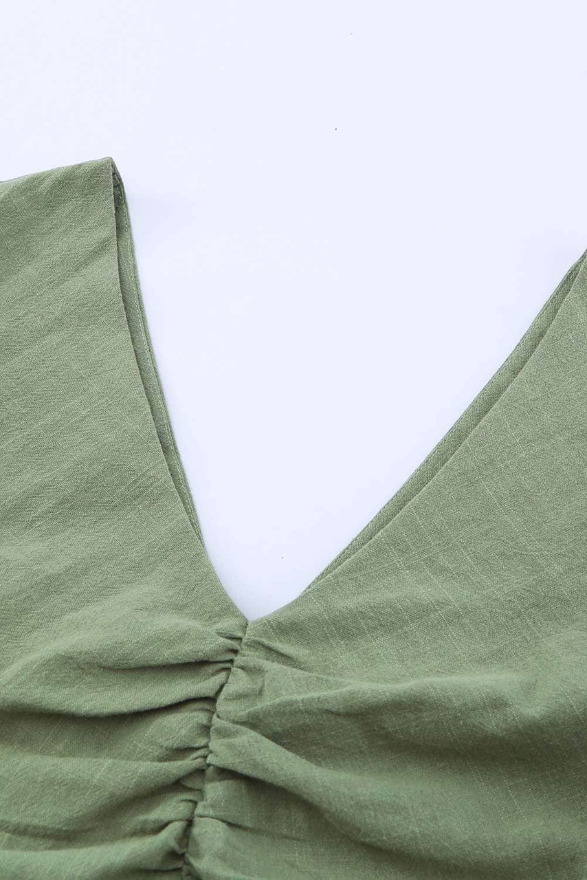 Green Puff Sleeve Ruched V Neck Crop Top