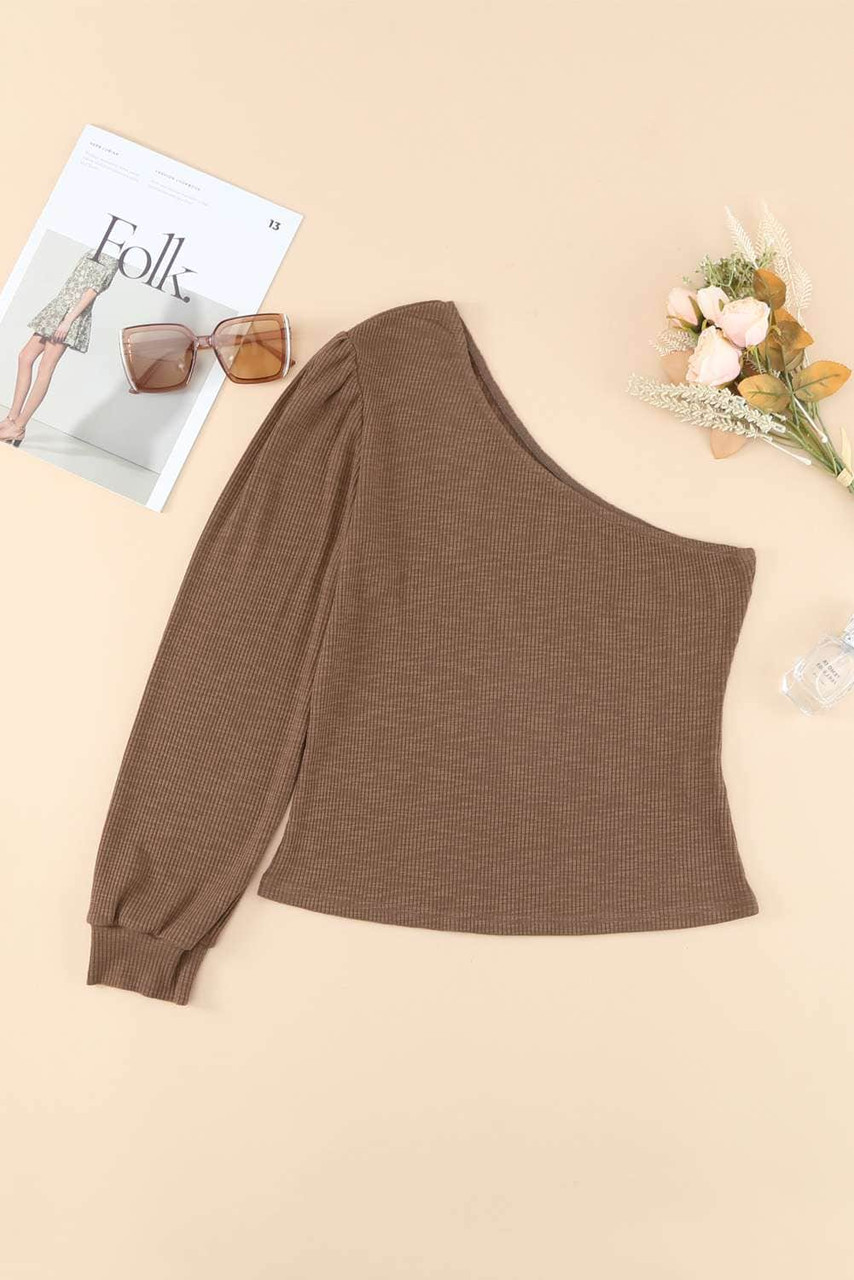 Asymmetric Puff Sleeve Ribbed Top