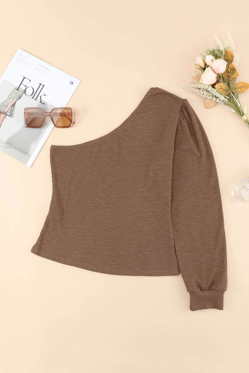 Asymmetric Puff Sleeve Ribbed Top