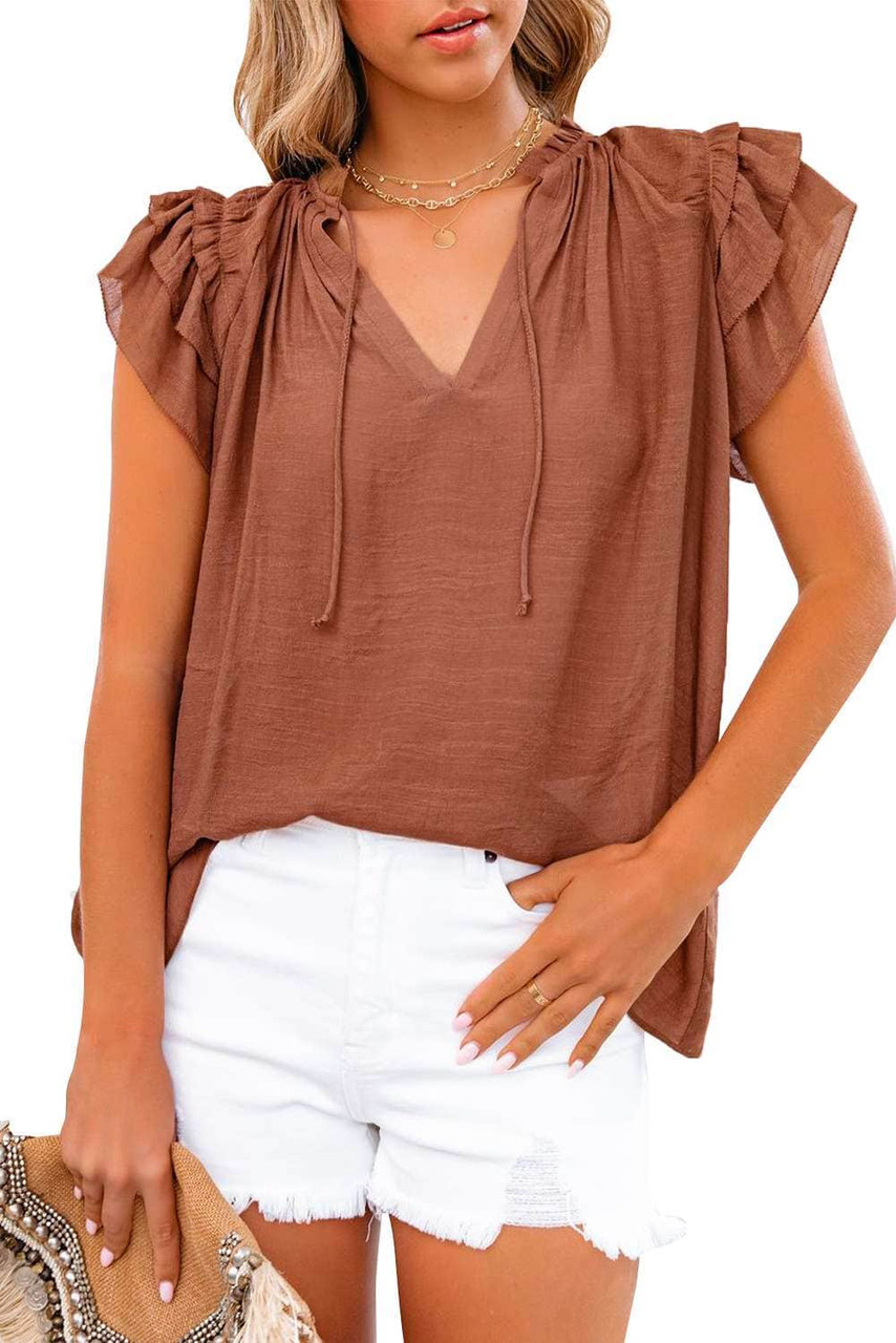 Brown Tiered Ruffled Drawstring V Neck Top