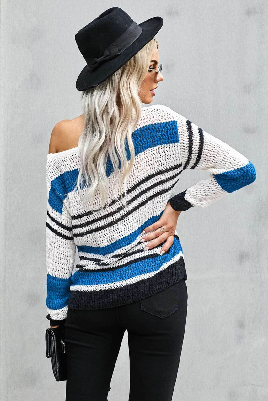 Blue Loose Fit Striped Pattern Sweater