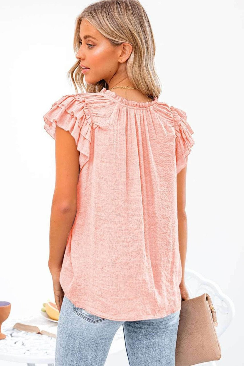 Pink Tiered Ruffled Drawstring V Neck Top Pink Tiered Ruffled Drawstring V Neck Top