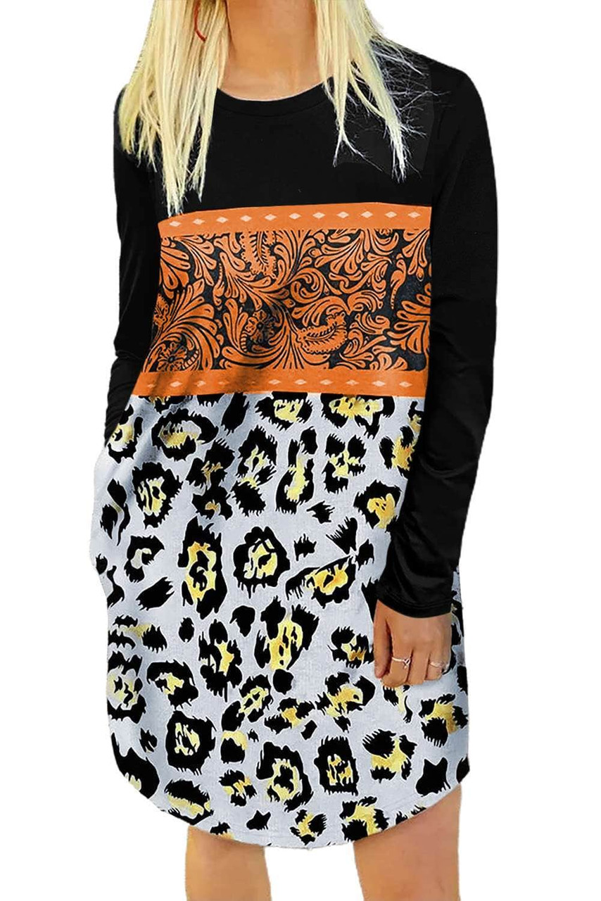 Leopard Floral Buckstitch O-Neck Mini Dress Leopard Floral Buckstitch O-Neck Mini Dress