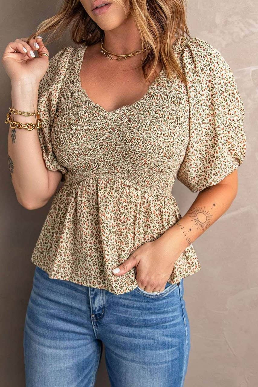 Floral Print Puff Sleeve Smocked Top Floral Print Puff Sleeve Smocked Top