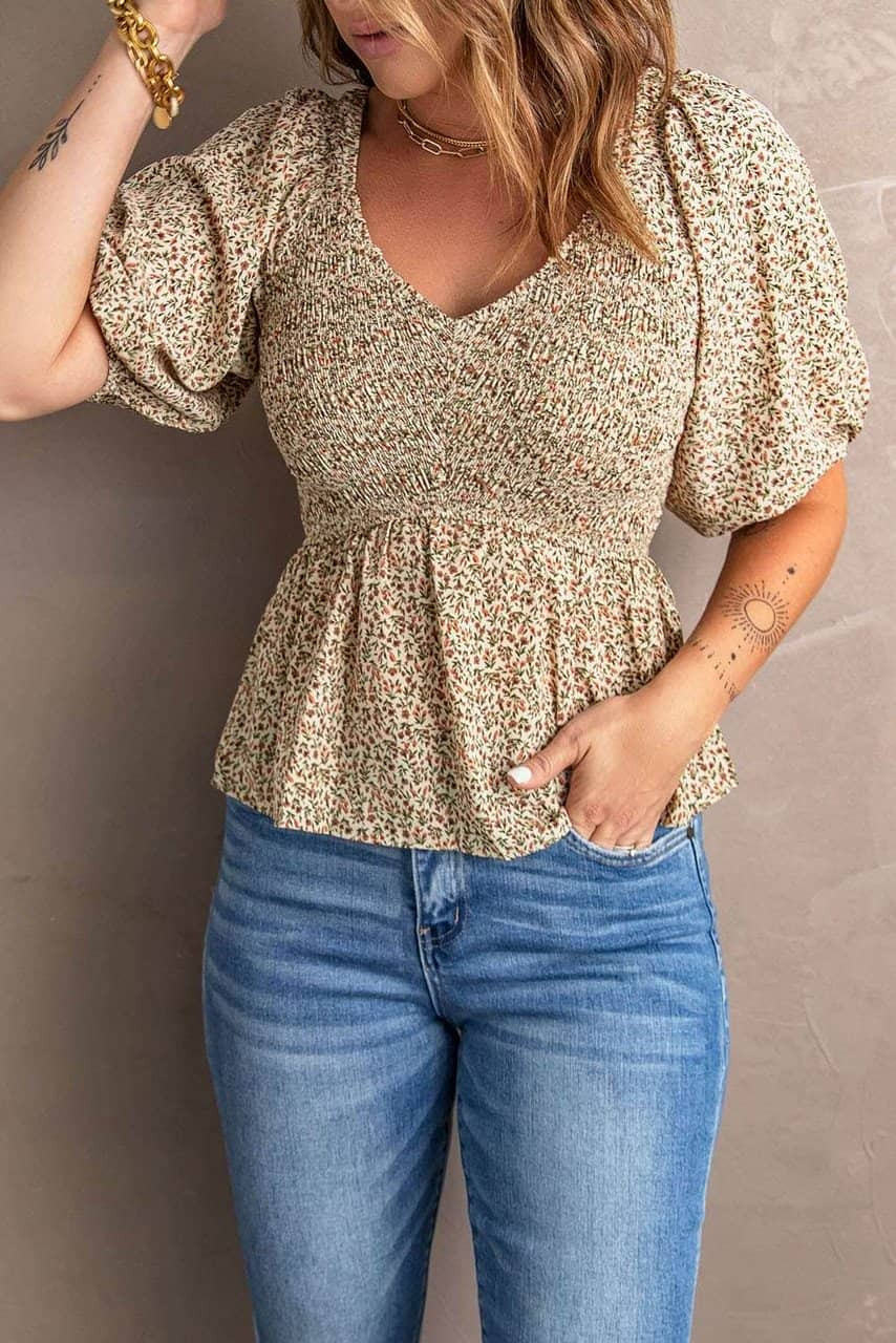 Floral Print Puff Sleeve Smocked Top Floral Print Puff Sleeve Smocked Top