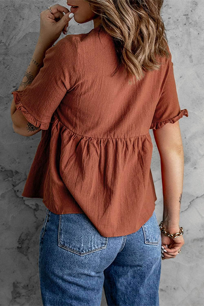 V Neck Ruffled Short Sleeve Babydoll Top