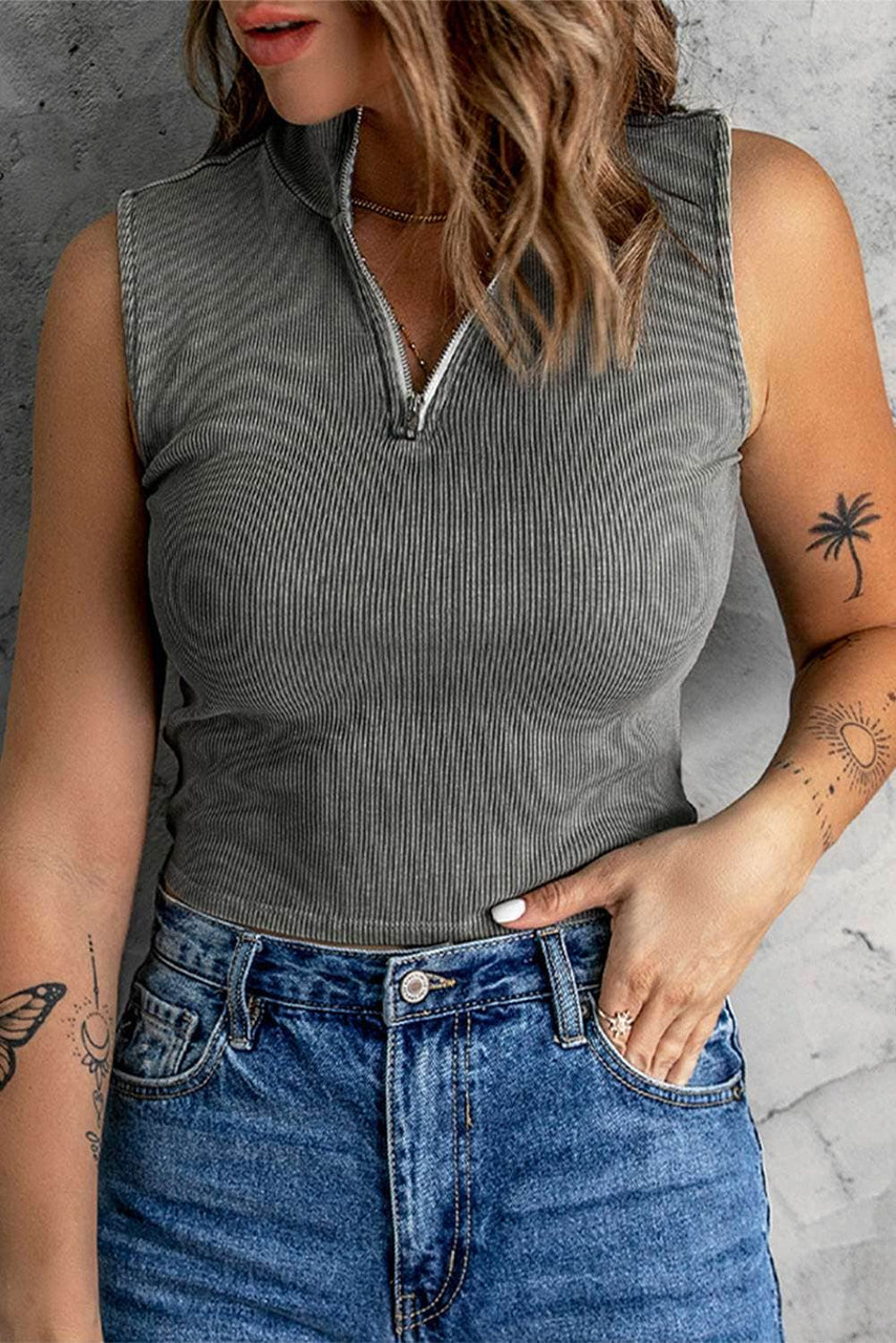 Gray Zip-up Ribbed Cropped Tank Top