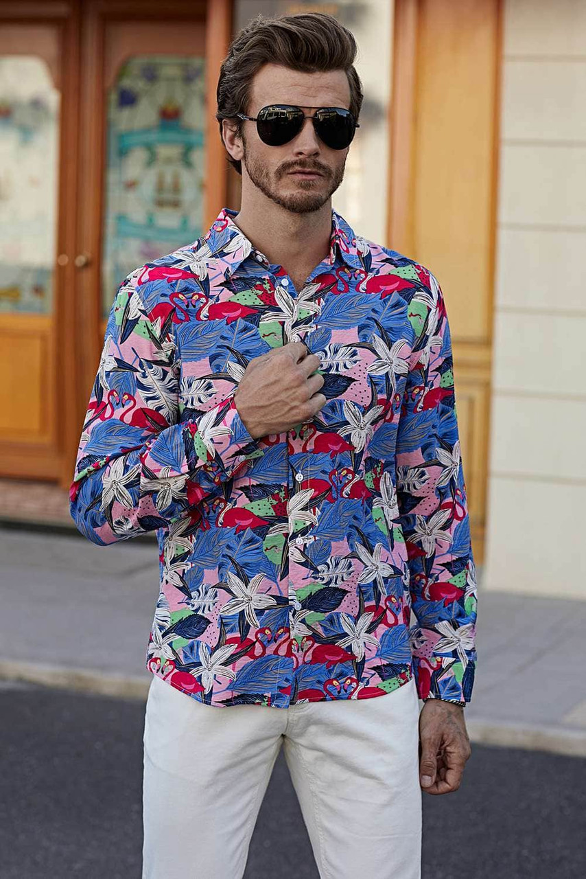 Pink Men's Buttons Long Sleeve Floral Print Shirt Pink Men's Buttons Long Sleeve Floral Print Shirt