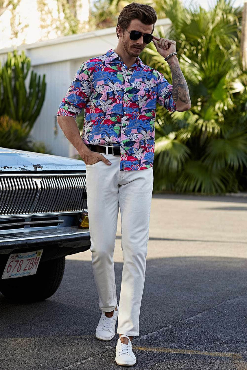 Pink Men's Buttons Long Sleeve Floral Print Shirt Pink Men's Buttons Long Sleeve Floral Print Shirt