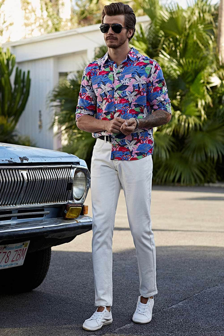 Pink Men's Buttons Long Sleeve Floral Print Shirt Pink Men's Buttons Long Sleeve Floral Print Shirt
