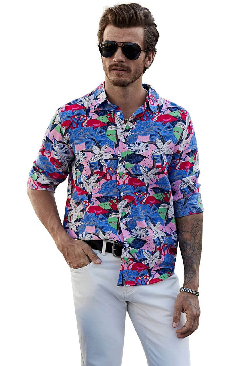 Pink Men's Buttons Long Sleeve Floral Print Shirt