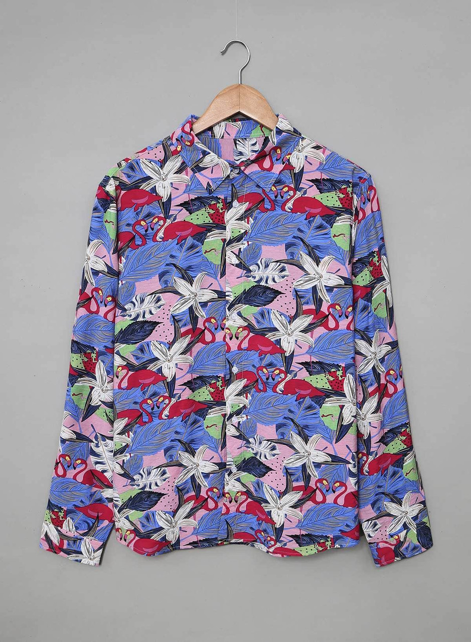 Pink Men's Buttons Long Sleeve Floral Print Shirt