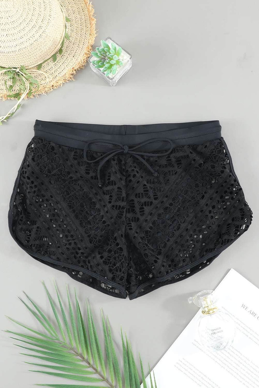 Black Hollow Out Lace Overlay Swim Short Bottom