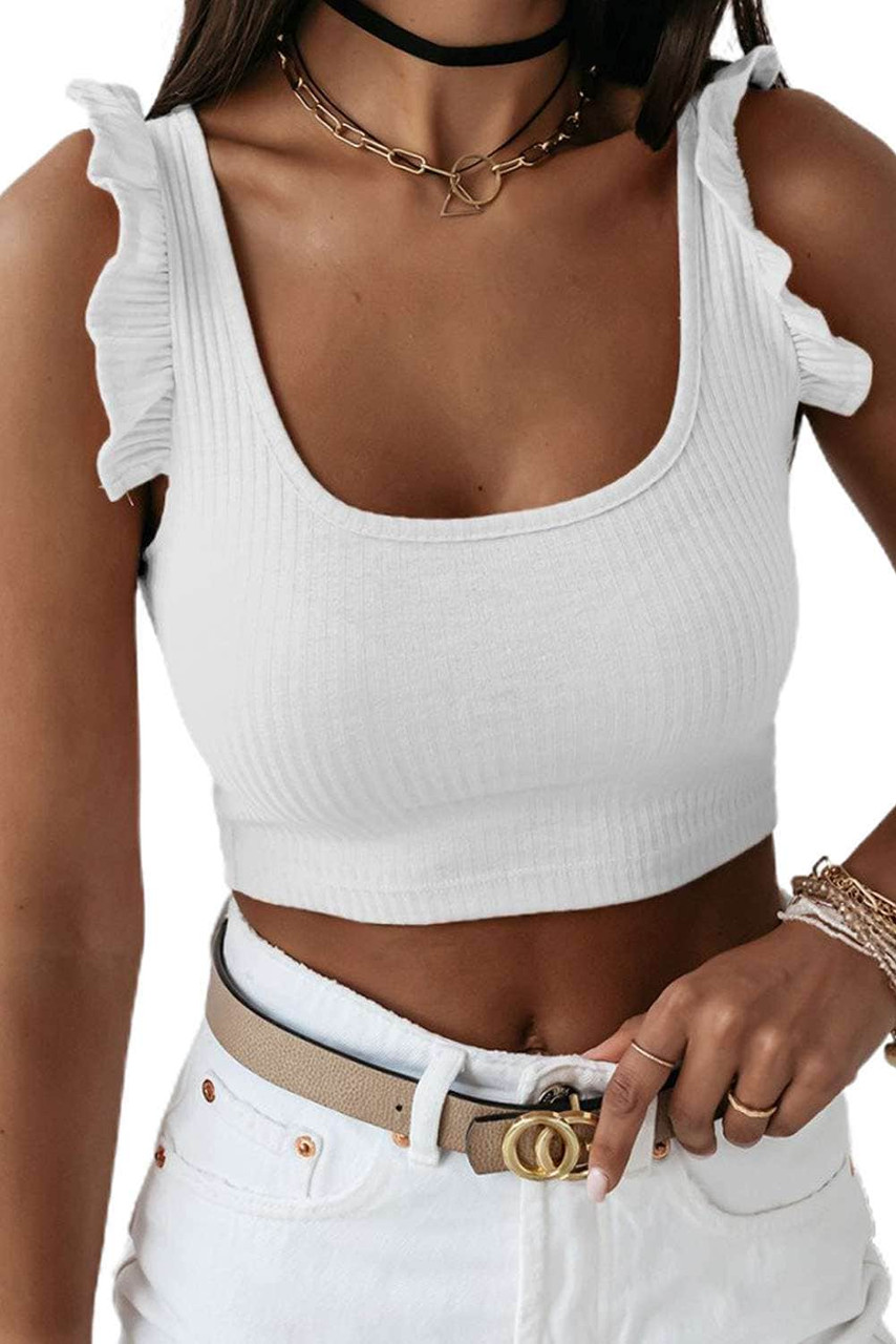 White Ruffle Strap Ribbed Sleeveless Crop Top