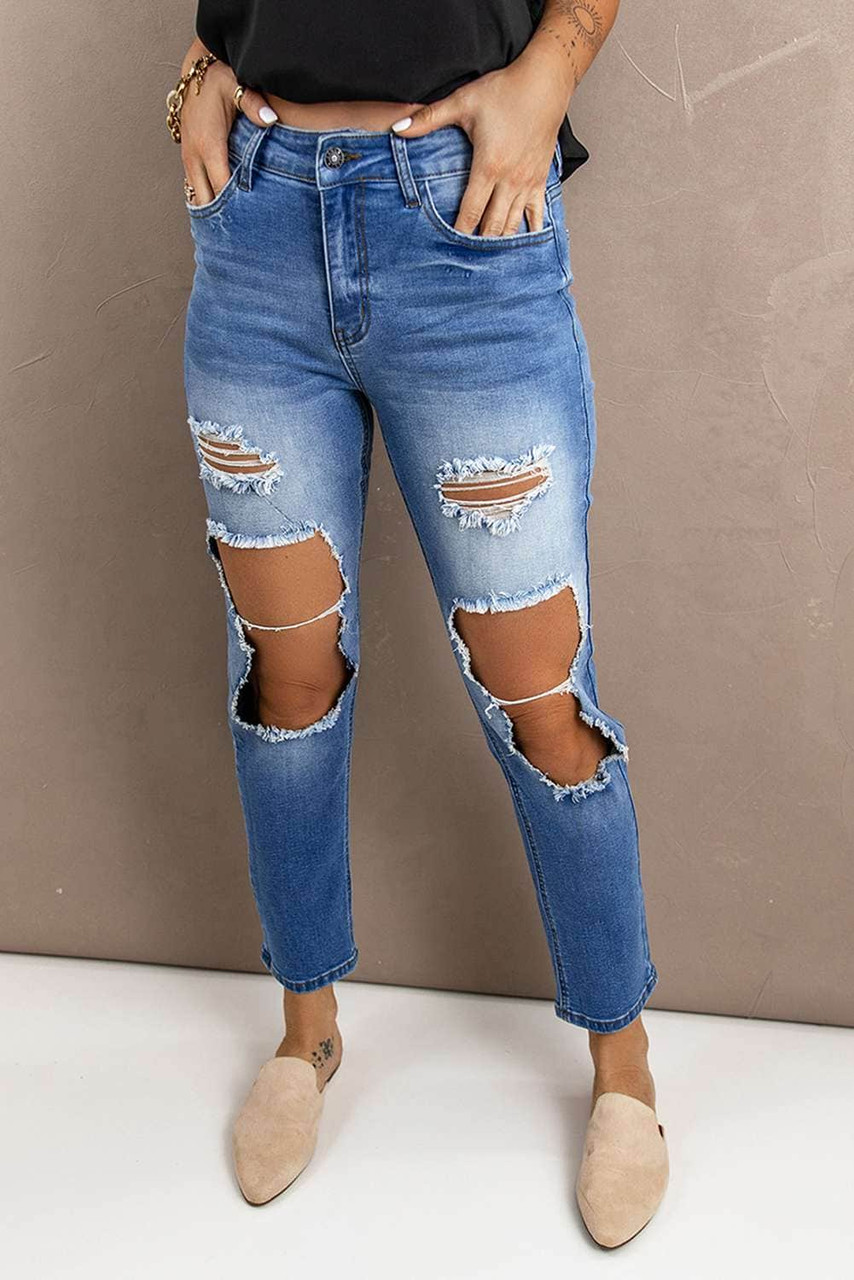 Distressed Holes Hollow-out Straight Jeans