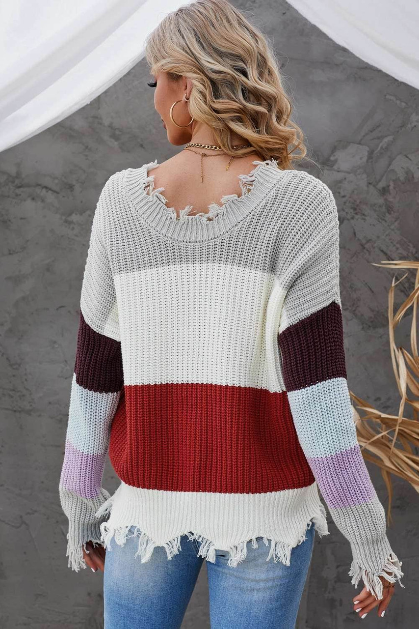 Light Gray Colorblock Distressed Sweater
