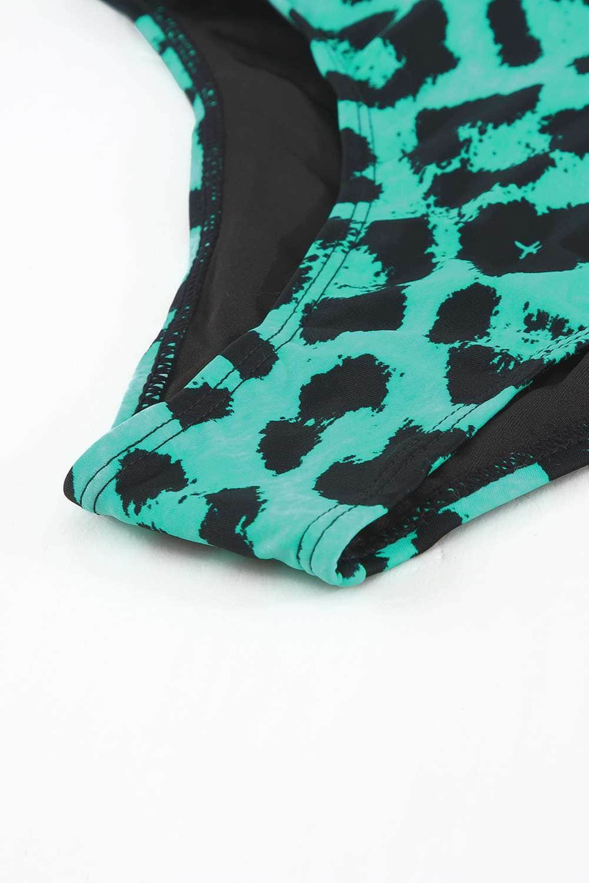 Green Leopard Print Zipper Cut-out Rash Guard Swimsuit