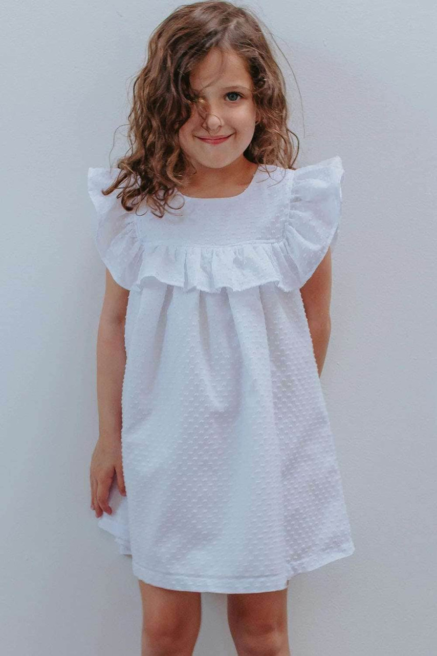 White Swiss Dot Pattern Ruffles Little Girl Dress