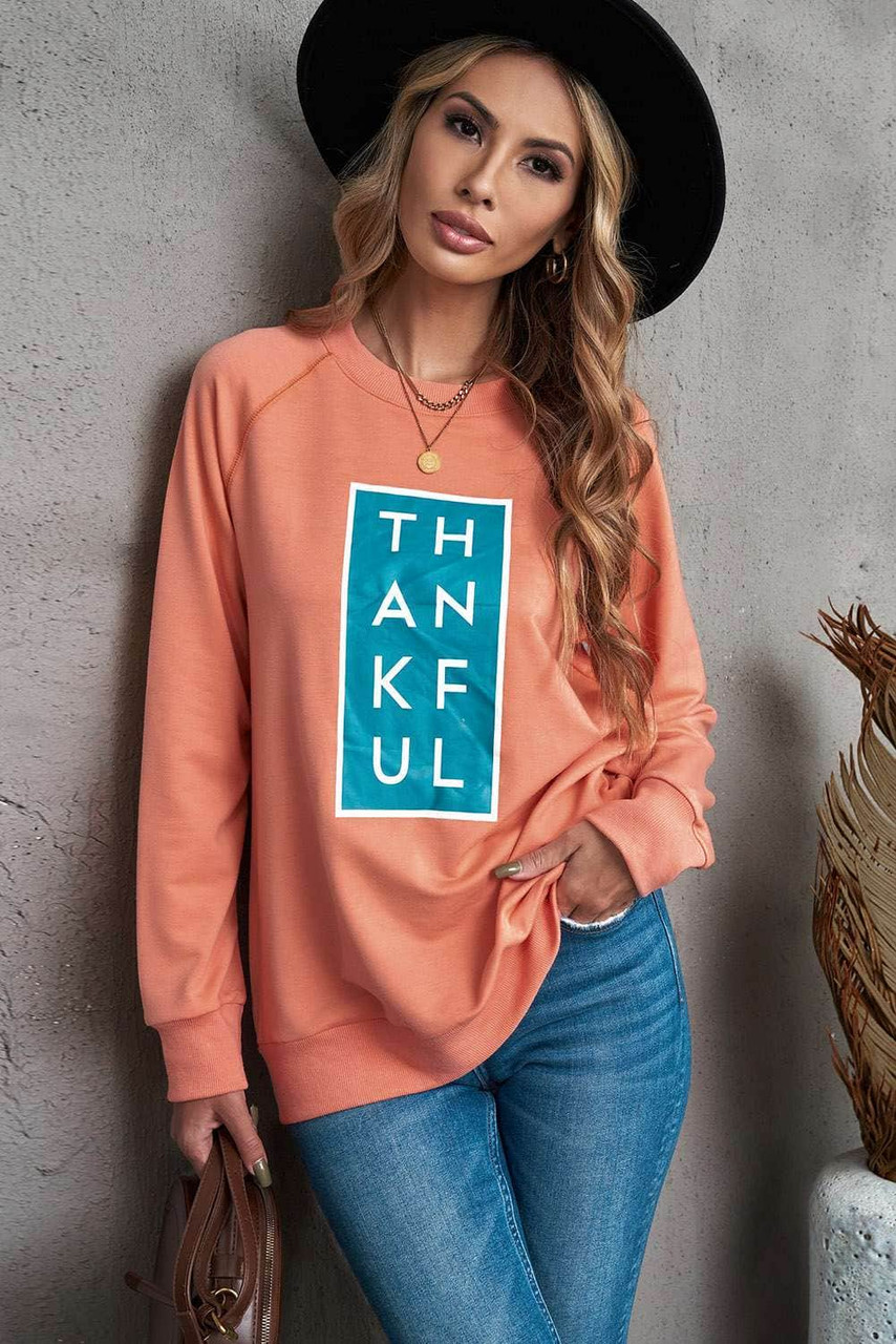 Orange Halloween Raglan THANKFUL Graphic Sweatshirt