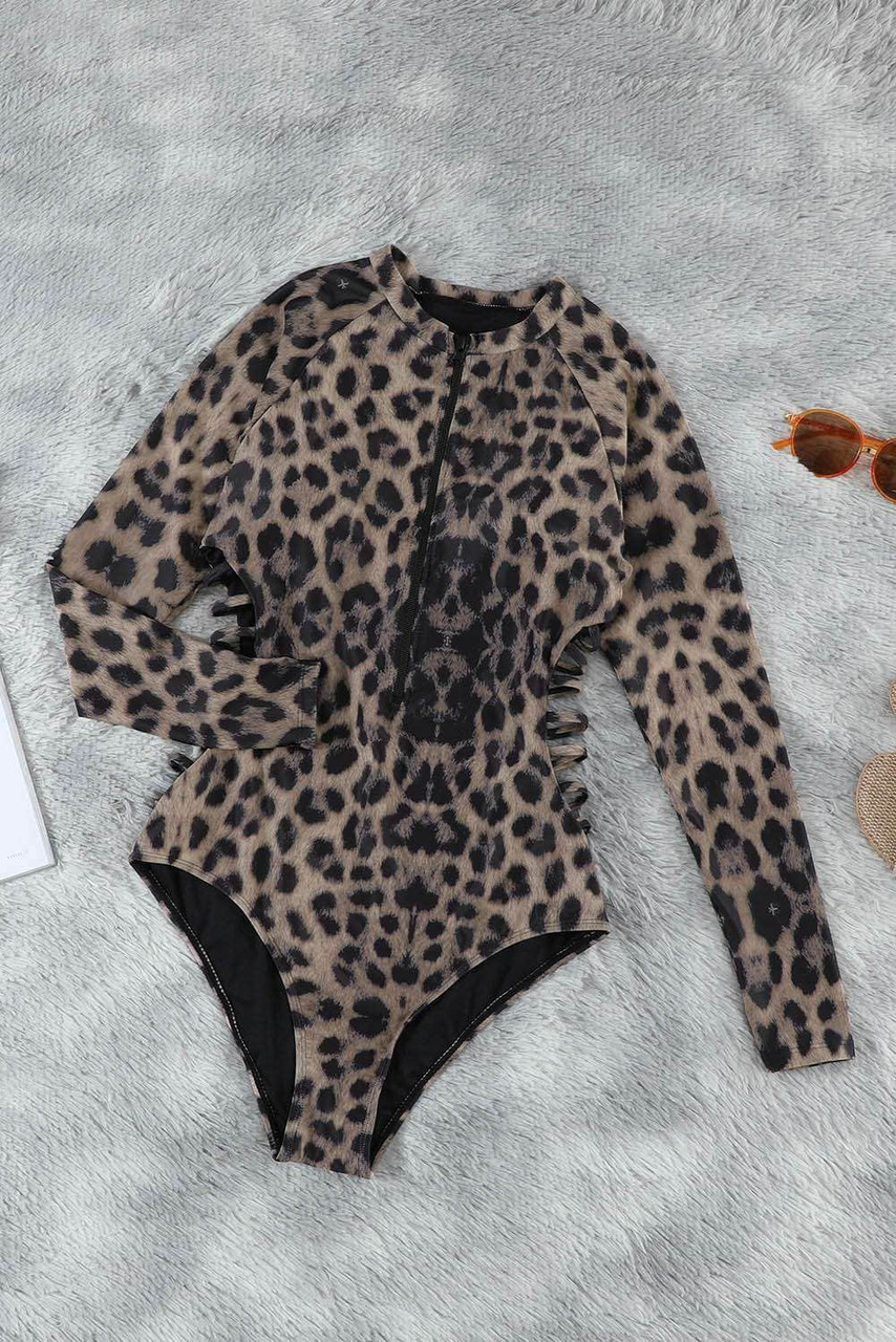 Leopard Print Zipper Cut-out Rash Guard Swimsuit