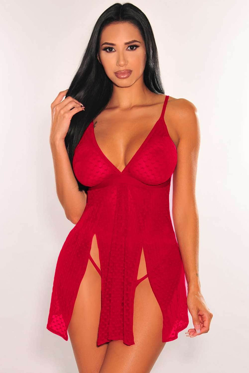 Red Heart-shape Mesh Cut-out Babydoll with Thong