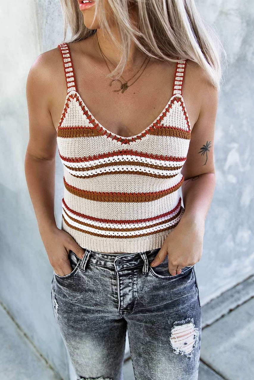 Beige Striped Knitted V Neck Tank Top