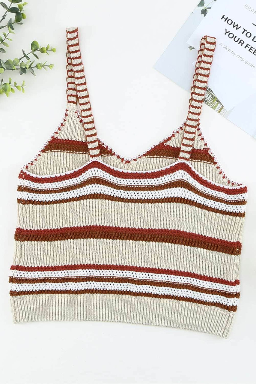 Beige Striped Knitted V Neck Tank Top