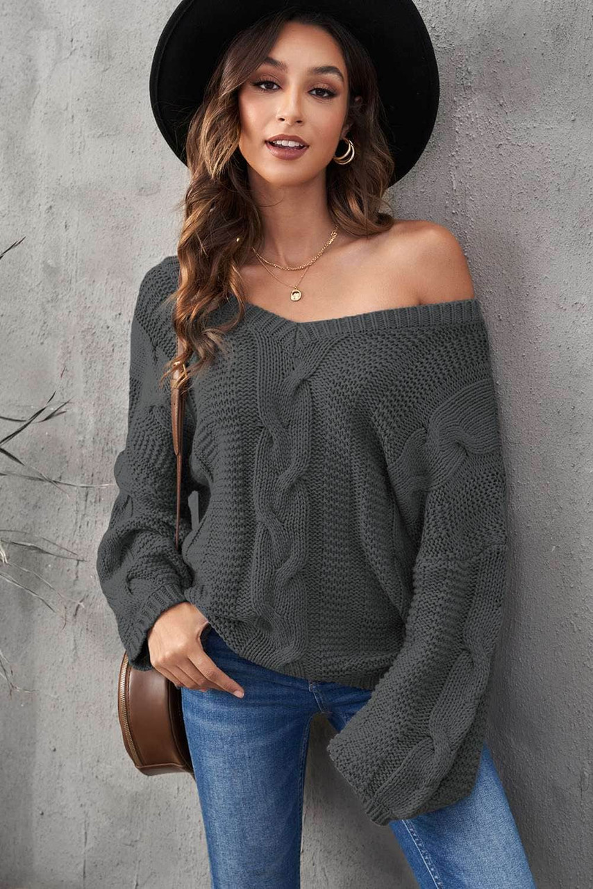 Dark Gray Bubblegum V-Neck Braided Knit Sweater