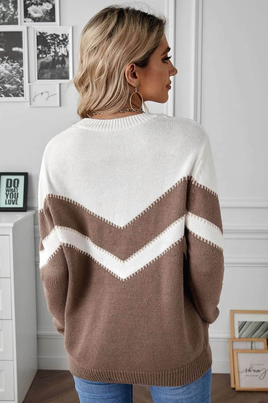 Khaki Chevron Colorblock Crew Neck Sweater