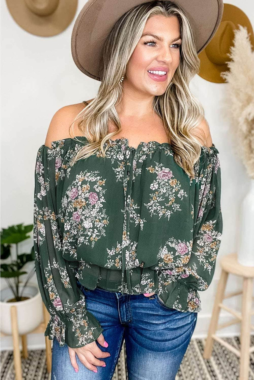 Green Off Shoulder Floral Ruffle Top