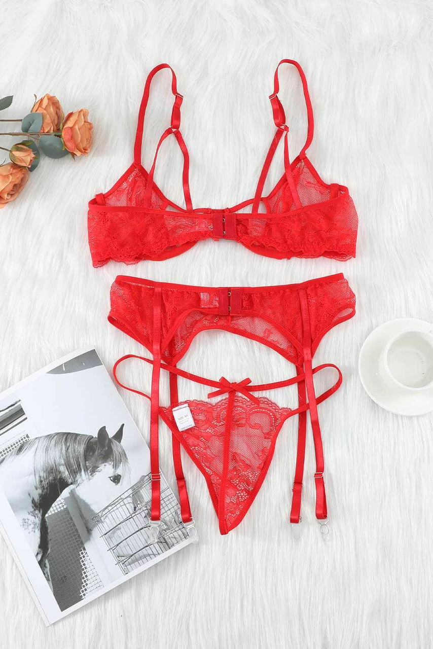 Red 3pcs Lace Bralette and Panty Set