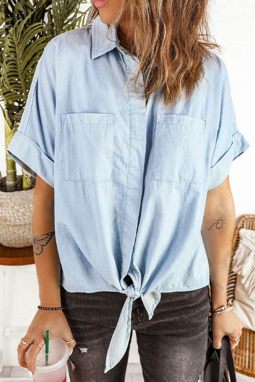 Sky Blue Pocketed Denim Short Sleeve Shirt