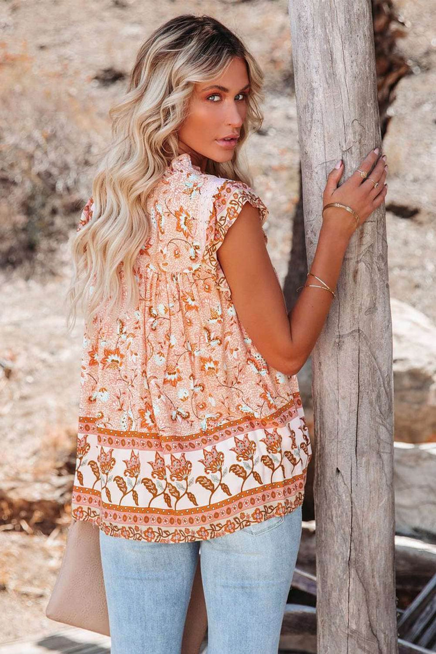 Orange Floral Print Ruffled Crew Neck Sleeveless Top