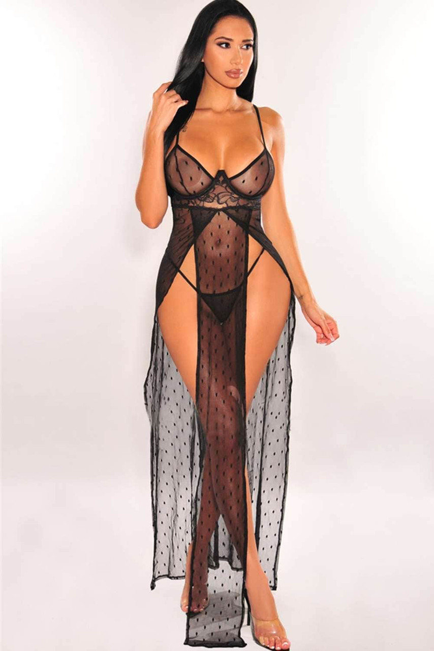 Black Sheer Lace Double Splits Maxi Gown with Thong Lingerie Set