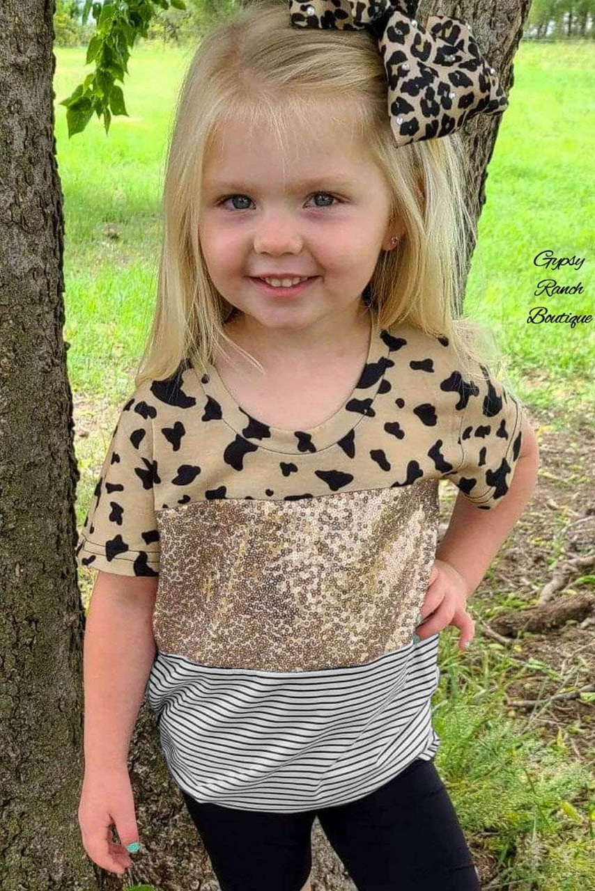 Leopard Striped Sequin Patchwork Girl's Short Sleeve Top Leopard Striped Sequin Patchwork Girl's Short Sleeve Top