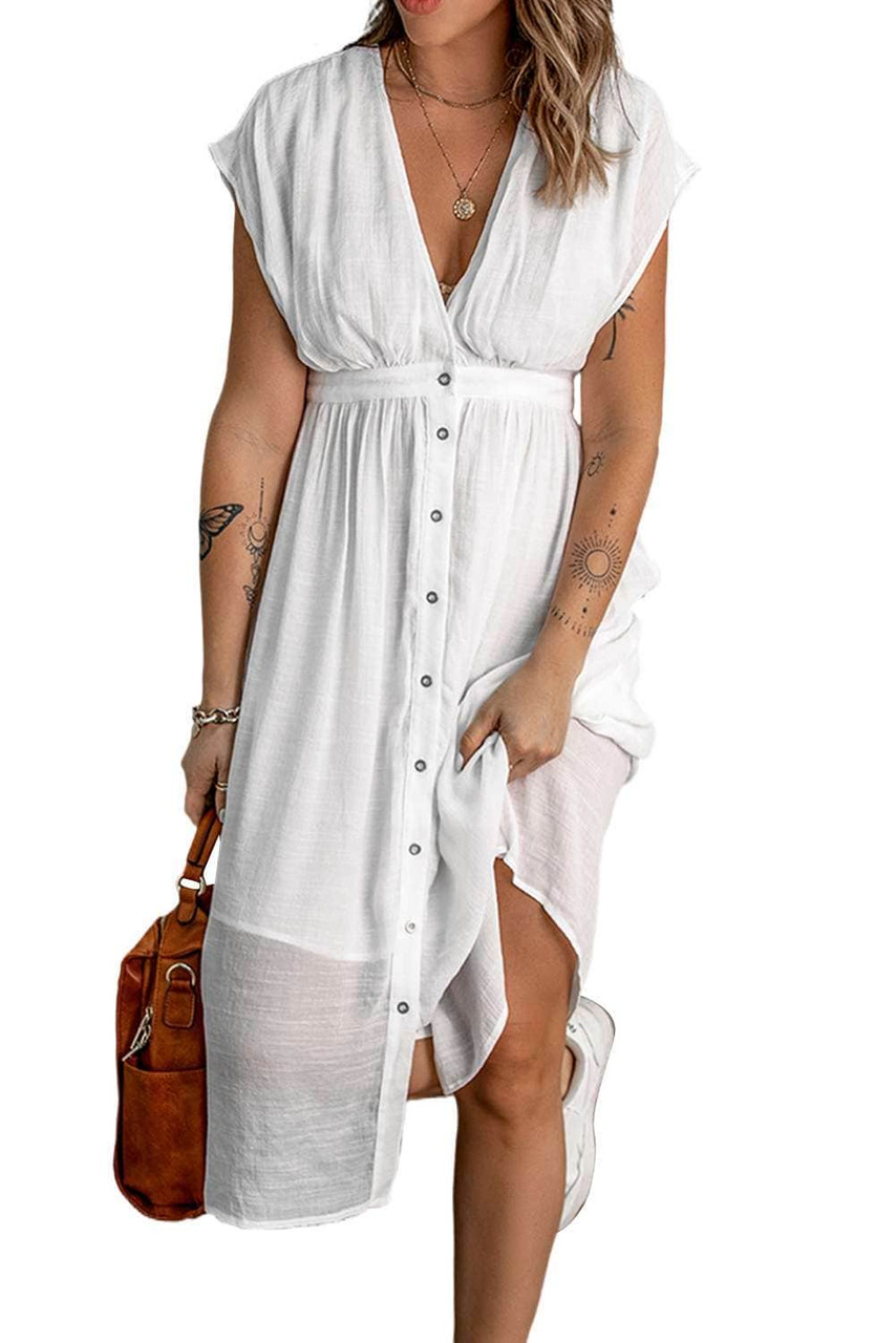 Buttons Front Solid Deep V Neck Midi Dress