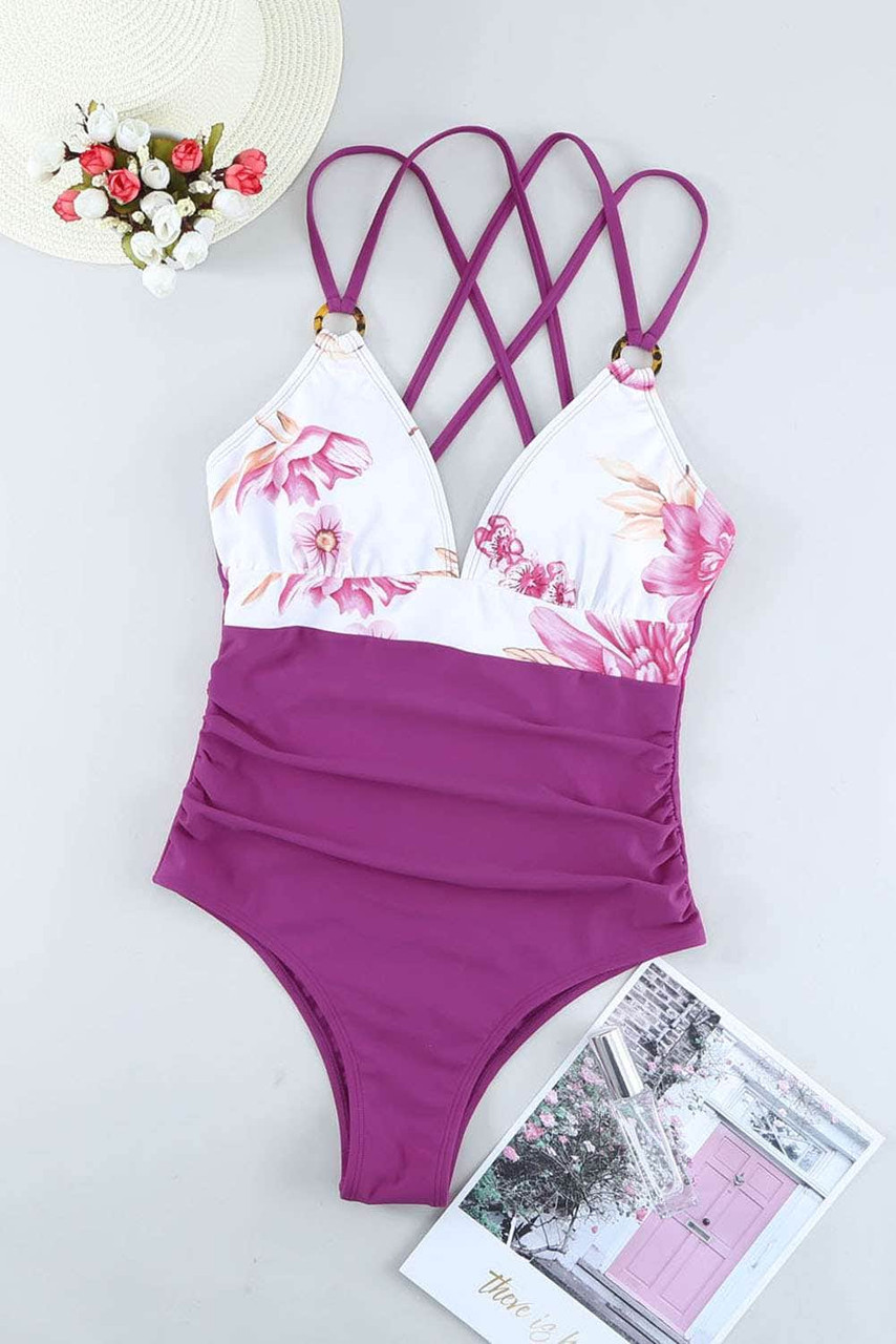 Rose Floral Colorblock Crisscross Back One-piece Swimsuit