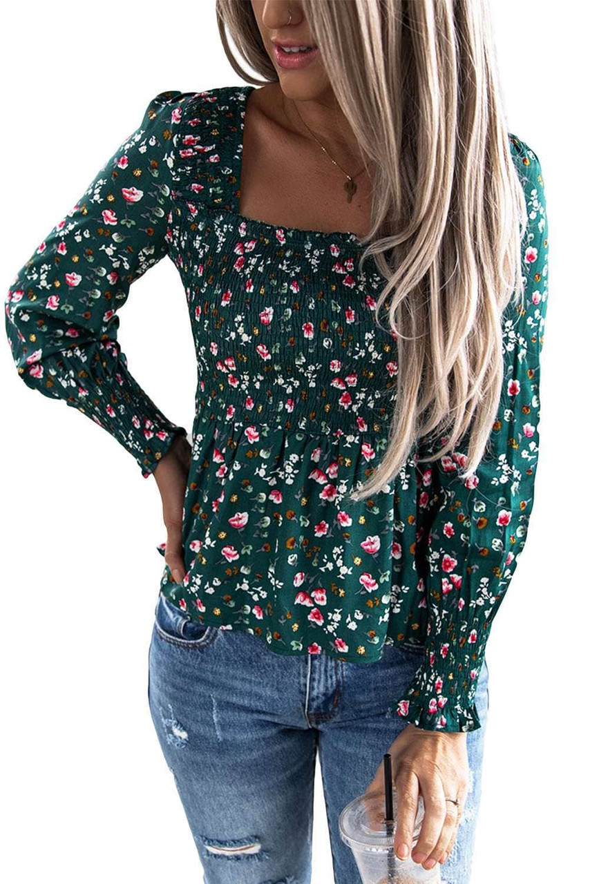 Floral Print Smocked Lace-up Square Neck Long Sleeve Top