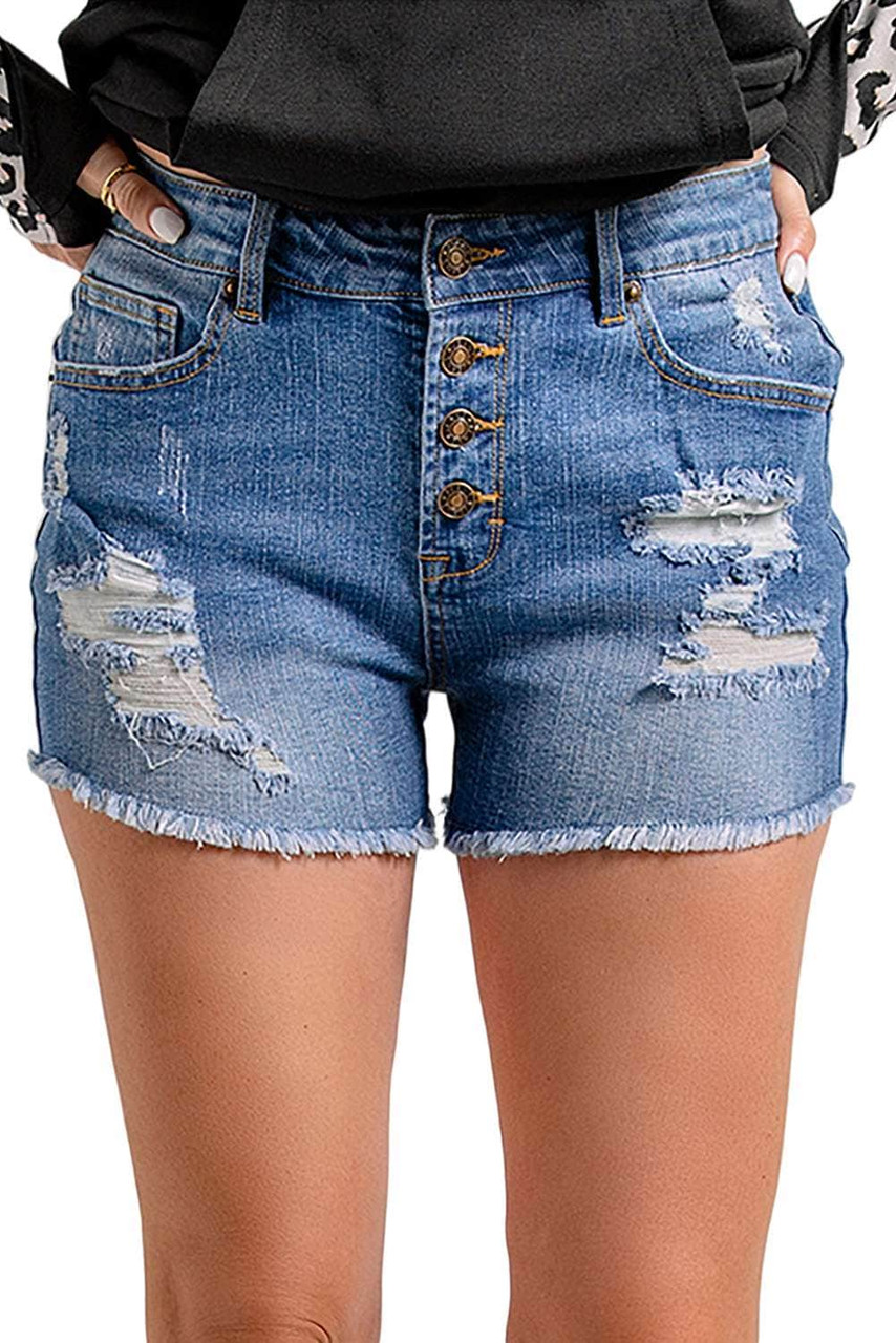 Sky Blue Distressed Frayed Buttons Denim Shorts