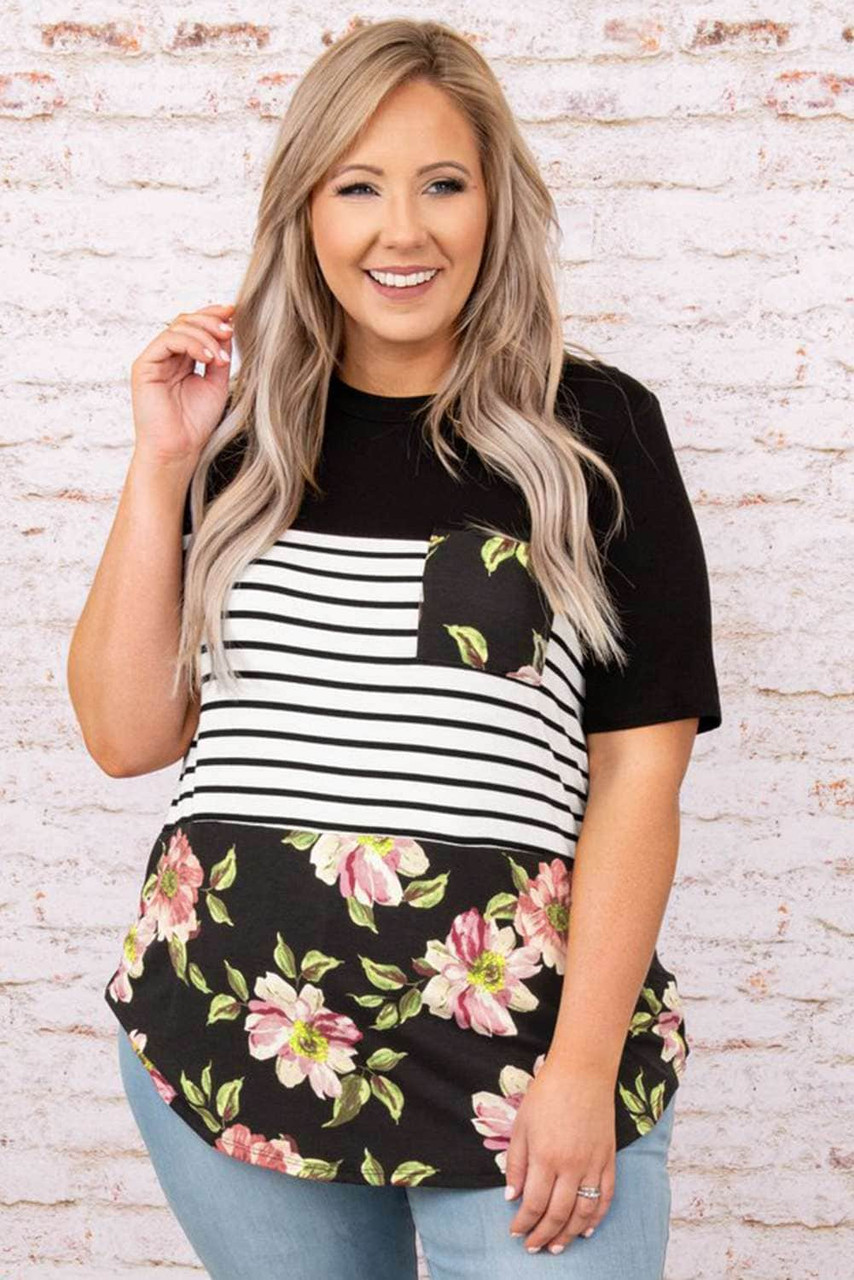 Plus Size Splicing Block Stripe Floral Short Sleeve Top