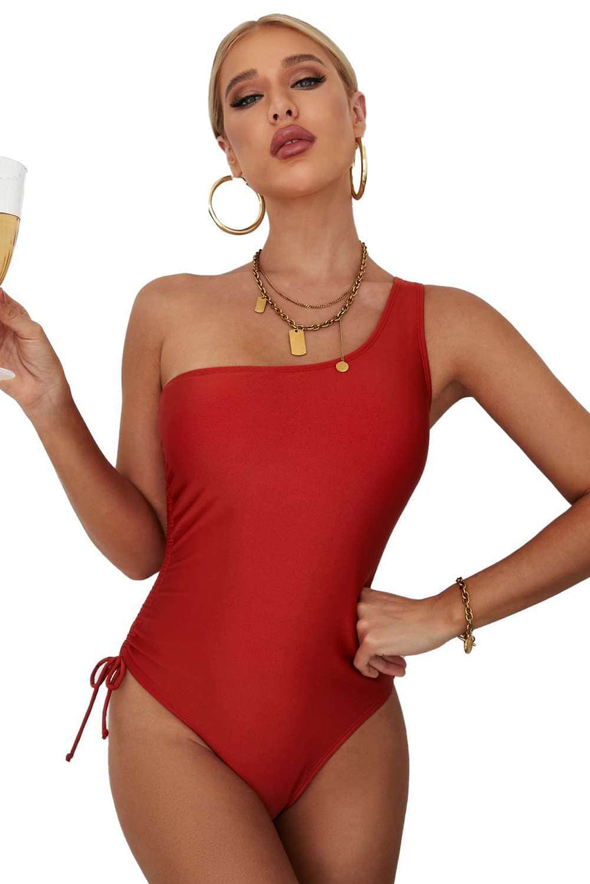 Red One-shoulder Sleeveless Drawstring Side One-piece Swimwear