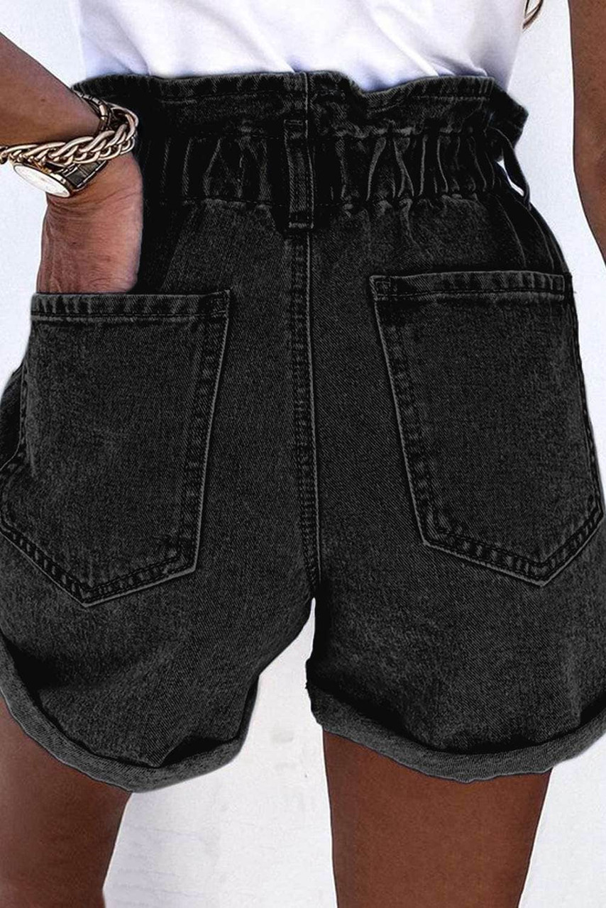 Black Ruffled High Waist Buttoned Denim Shorts