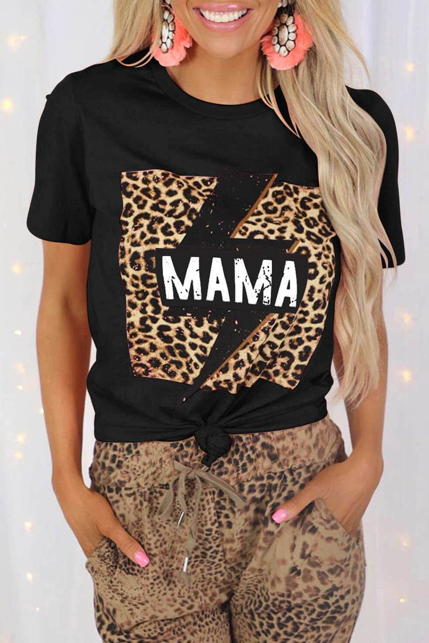 Black MAMA Leopard Lightning Print Graphic T-shirt