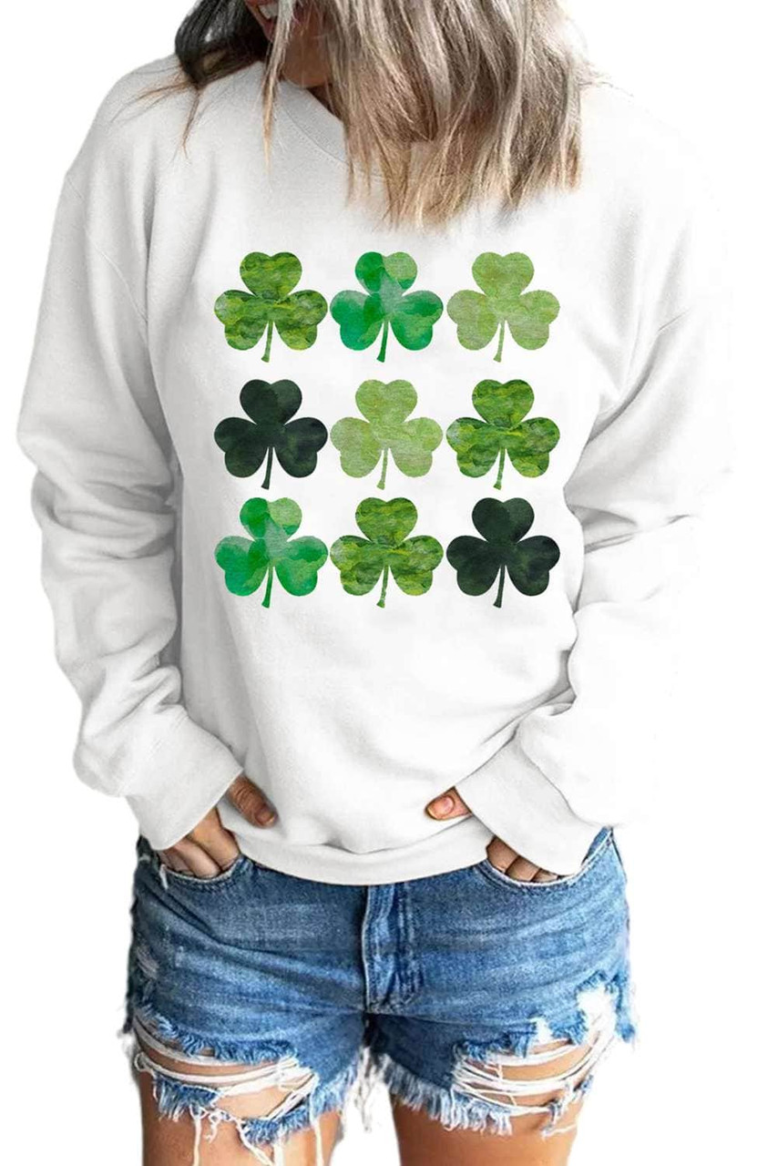 White St. Patrick's Day Clover Print Long Sleeve Sweatshirt