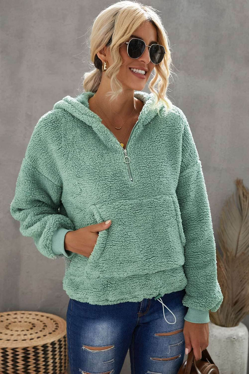 Green 1/4 Zip Hooded Sherpa Sweatshirt with Kangaroo