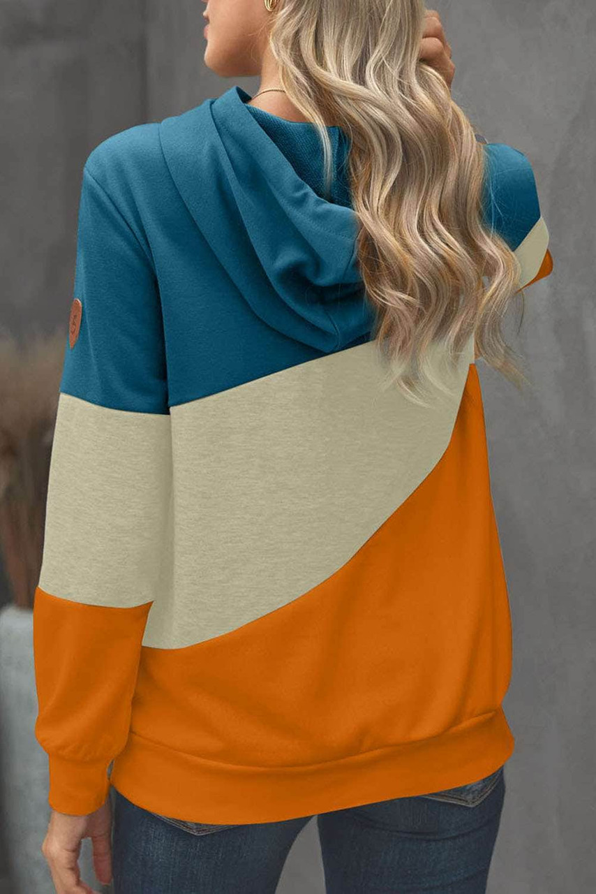 Ming Blue Multicolor Colorblock Cowl Neck Pullover Hoodie