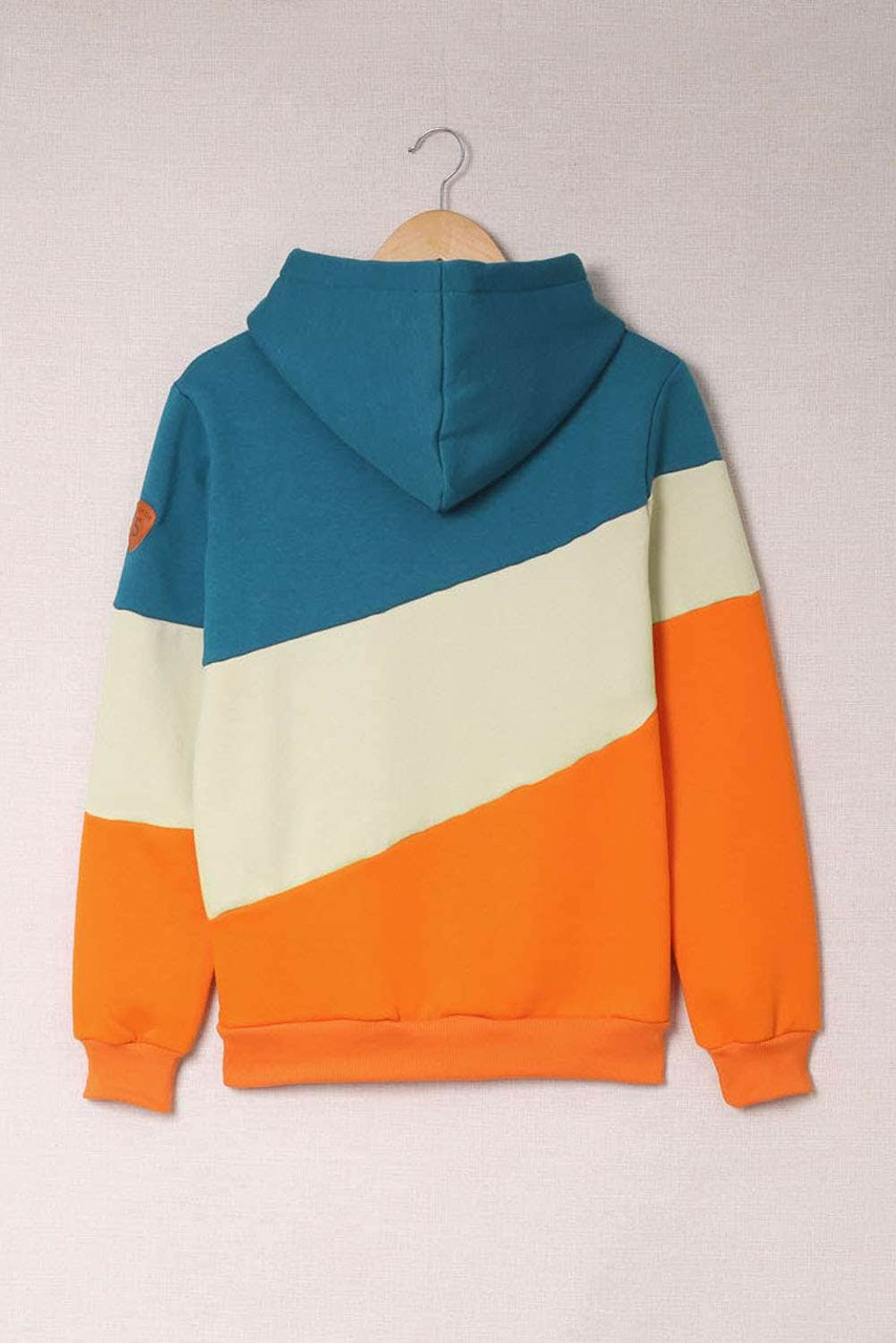 Ming Blue Multicolor Colorblock Cowl Neck Pullover Hoodie